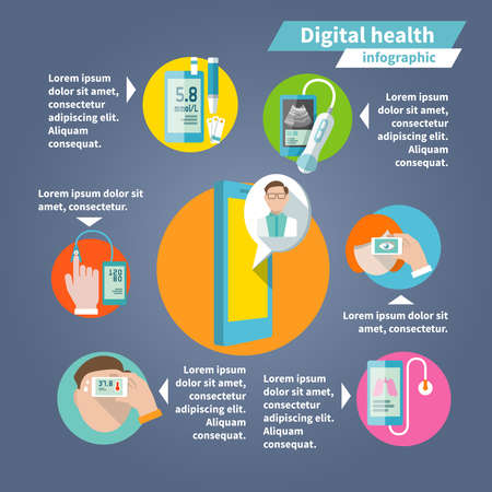 Digital health mobile medicine flat infographics set vector illustrationのイラスト素材