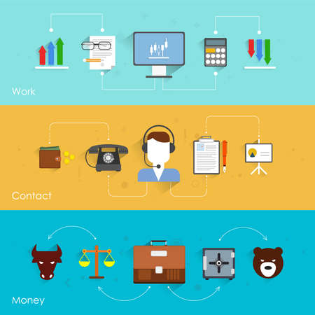 Finance exchange flat banner set with work contact money isolated vector illustrationのイラスト素材