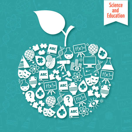 Science and education areas white icons set in apple with leaf shape vector illustration.のイラスト素材