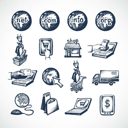 Business internet online shopping icons set of store domains product purchase paying and global delivery sketch vector illustrationのイラスト素材