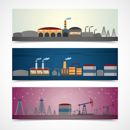 Industrial building modern city skyline horizontal banners set isolated vector illustrationのイラスト素材
