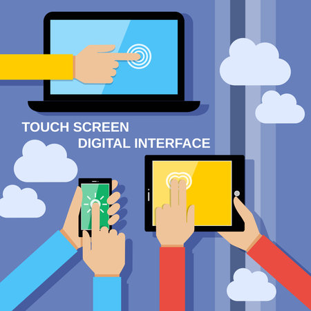 Human hands set holding touching mobile phones screens computer and communication gadgets vector illustrationのイラスト素材