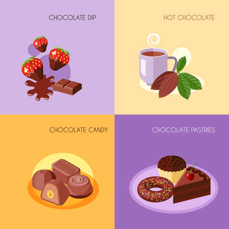 Chocolate flat icons set with dip hot candy pastries isolated vector illustrationのイラスト素材