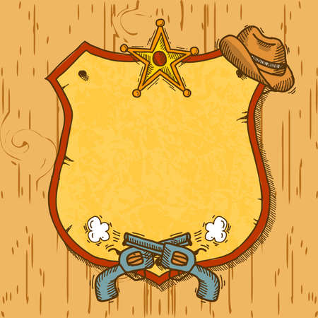 Wild west cowboy sketch background with guns hat and sheriff badge vector illustrationのイラスト素材