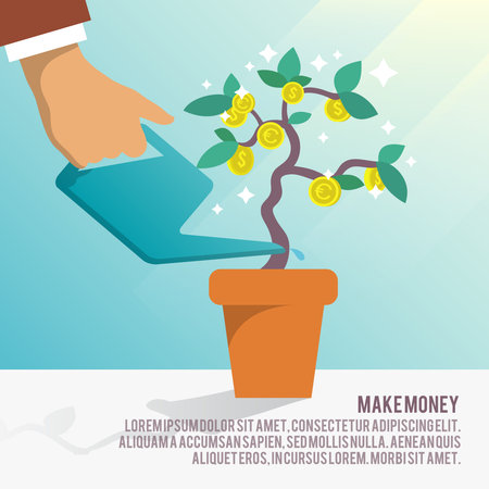 Human hand watering money dollar coin tree with can poster vector illustrationのイラスト素材