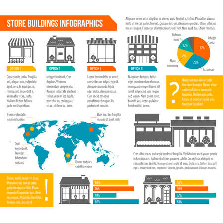 Store shop business buildings infographics set with world map and chart templates illustrationのイラスト素材