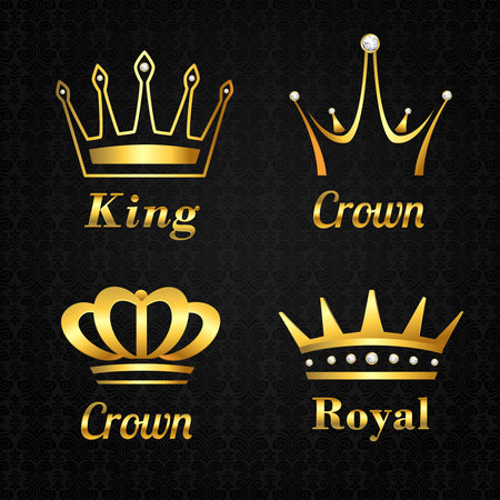 Golden heraldry kings and queen royal crowns set on black background vector illustrationのイラスト素材