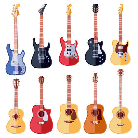 Acoustic and electric guitars vector set. Instrument guitar, acoustic guitar, electric music guitar, string bass guitar illustrationのイラスト素材