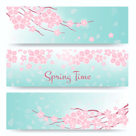 Blossom sakura banners or blossom cherry cards. Spring cherry flowers banners. Nature cherry banner, spring blossom sakura, beautiful flower sakura, floral sakura japanese, vector illustrationのイラスト素材