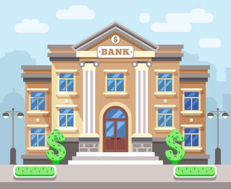 Bank building with cityscape. Business and finance flat vector concept. Business bank, architecture bank, financial building bank, institution bank illustrationのイラスト素材