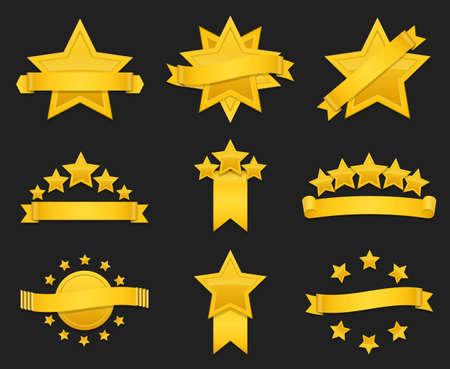 Vector award ribbon with gold star. Set of badge with star and ribbon, illustration golden star for awardのイラスト素材