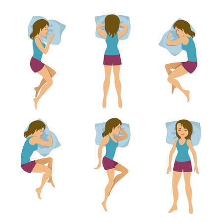 Women sleeping positions vector illustration. Woman sleep poses in bed. Young girl rest in different posesのイラスト素材