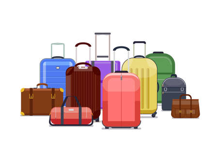 Travel bags and luggage color vector. Heap of baggage to travel trip illustrationのイラスト素材