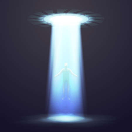 UFO vector dramatic background with lighting and man. UFO abducts man, illustration spaceship ufo with rayのイラスト素材