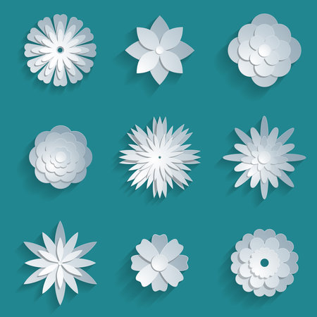 Vector paper flowers set. 3d origami abstract flower icons illustrationのイラスト素材