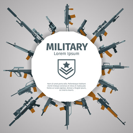 Weapons label. Vector guns badge with text. Automatic weapons uzi, illustration banner with group of weaponsのイラスト素材