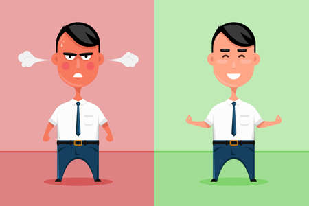Happy and angry office worker or sad and smiling business man vector illustration. Character businessman emotionのイラスト素材