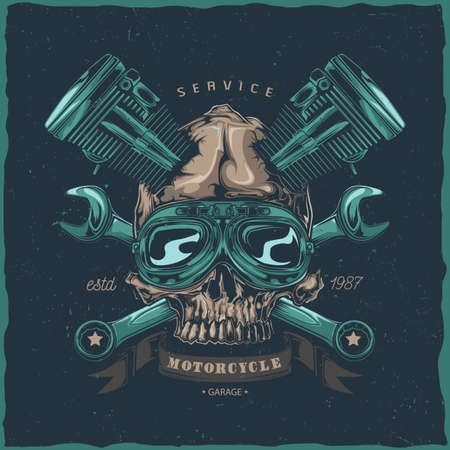 T-shirt label design with illustration of mechanic skullのイラスト素材