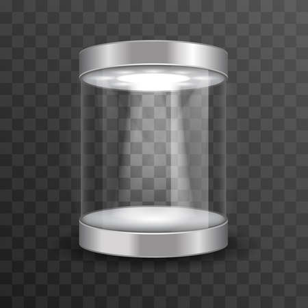 Empty glass showcase for museum exhibition on transparent background. Mockup object in form cylinder, vector illustrationのイラスト素材