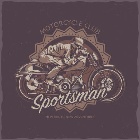 Motorcycle theme t-shirt label design with illustration of biker riding on vintage motorcycleのイラスト素材
