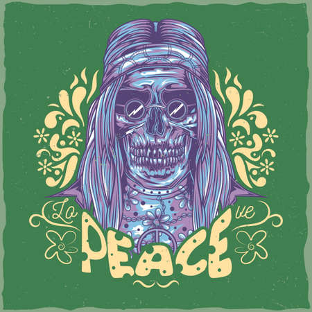 T-shirt label design with illustration of dead hippieのイラスト素材