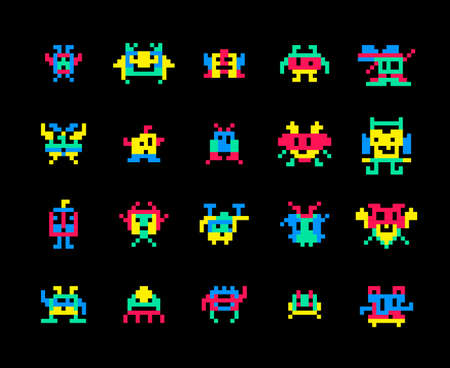 Vector pixel computer game invaders vector illustration. Color pixel monster robot character for...