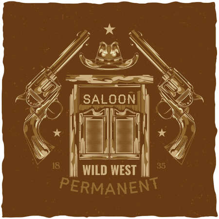 T-shirt label design with illustration of saloon, hat and pistolsのイラスト素材