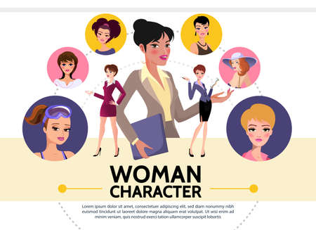 Flat woman characters avatars collection of ladies wearing various clothes with different hairstyle isolated vector illustrationのイラスト素材