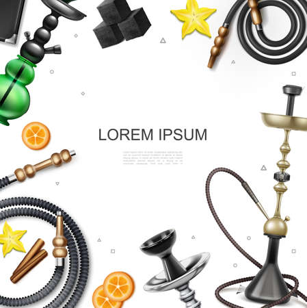Hookah colorful template with hookah accessories charcoal cubes orange slices star anise cinnamon sticks in realistic style vector illustrationのイラスト素材