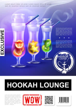 Realistic elite hookah bar poster with exclusive steam hookah in glasses with orange kiwi and star anise vector illustrationのイラスト素材