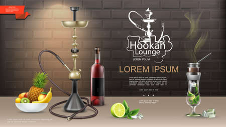 Realistic hookah lounge bar template with shisha wine bottle plate of fruits and hookah in glass on...