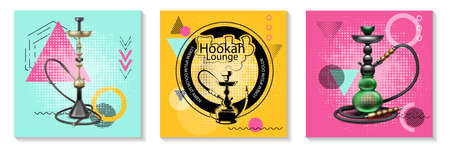 Realistic traditional hookah cards set with classic hookahs of different shapes on trendy geometric...