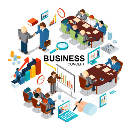 Isometric business concept with magnifier graphs clock coins tablet computer laptop business presentation negotiations conference meeting vector illustrationのイラスト素材