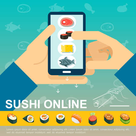 Flat online japanese food delivery template with man holding mobile with sushi order application isometric sashimi and rolls vector illustrationのイラスト素材