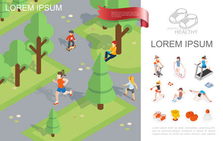Isometric healthy lifestyle template with running and reading girls boy riding skateboard in city park sport equipment and women in gym vector illustrationのイラスト素材