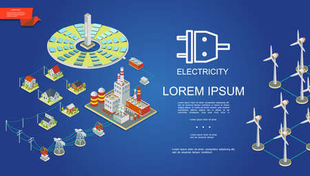 Isometric electricity production concept with solar panels energy power plant electric transformers transmission towers houses windmills vector illustrationのイラスト素材