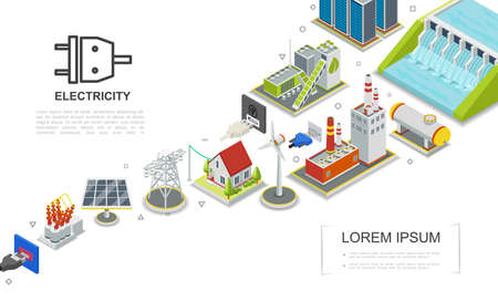 Isometric electricity concept with hydroelectric and fuel power stations biomass energy factory gas holder house windmill solar panel electric   vector illustrationのイラスト素材
