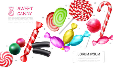 Realistic sweet candies collection with lollipop bonbons candy cane marmalade jelly gums licorice vector illustrationのイラスト素材