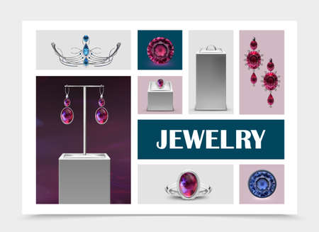 Realistic jewelry elements collection with earrings rings on stands jewels gems and diadem isolatedのイラスト素材