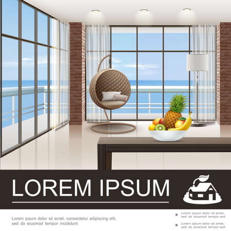 Realistic living room interior poster with modern wicker chair lamp plate of fruits on table and sea landscape outside windows vector illustrationのイラスト素材
