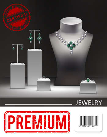Realistic jewelry promotional poster with silver necklace earrings rings with emeralds diamonds on stands and dummyのイラスト素材