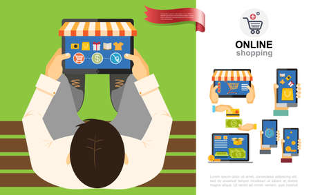 Flat e-commerce concept with people buying products and goods in online stores using tablets laptops phones vector illustrationのイラスト素材