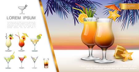 Realistic tropical party concept with pina colada tequila sunrise margarita martini mojito cocktails and shot drink vector illustrationのイラスト素材