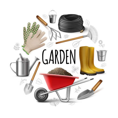 Realistic garden round concept with boots gloves watering can shovel rake trowel hose hoe buckets wheelbarrow of dirt isolated vector illustrationのイラスト素材