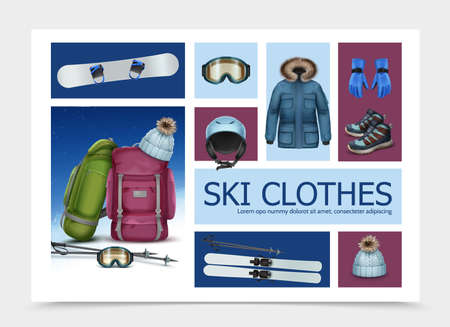 Realistic ski clothes and equipment composition with skis poles goggles backpacks cap helmet jacket sneakers gloves vector illustrationのイラスト素材