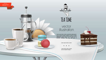 Realistic tea time background with cups of coffee and tea french press cake piece macaroons napkins tablecloth on table vector illustrationのイラスト素材