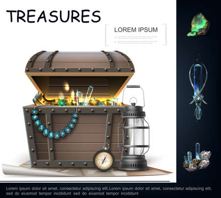 Realistic sea treasures concept with lantern navigational compass chest full of gold coins pearl necklace jewelry with sapphire untreated emerald and aquamarine vector illustrationのイラスト素材