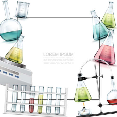 Realistic laboratory elements template with beaker test tubes electronic scales chemical experiment with flasks and alcohol burner vector illustrationのイラスト素材