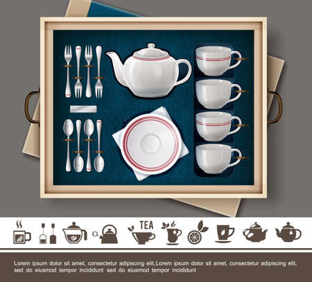 Realistic tea gift set concept with porcelain cups plate teapot silver cutlery and tea time flat icons vector illustrationのイラスト素材