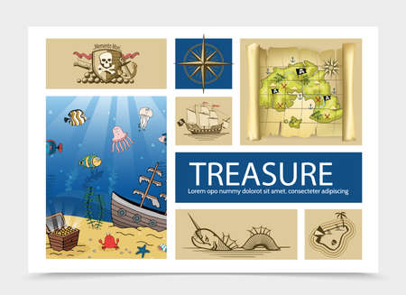 Hand drawn treasure composition with skull and crossbones sign old compass ship pirate map sea monster island chest on sea bottom vector illustrationのイラスト素材